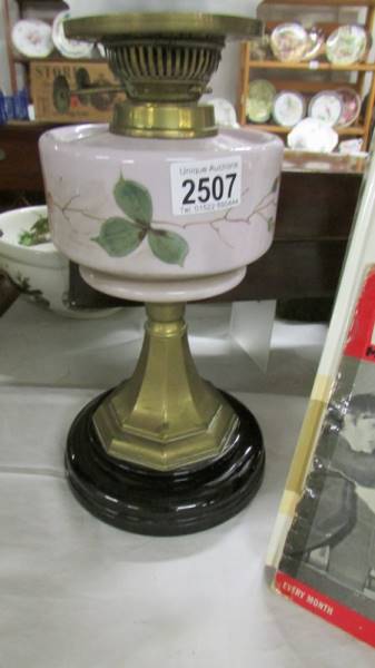 An early 20th century oil lamp with hand painted font and acid etched shade. - Image 2 of 3