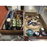 A box of costume jewellery including watches, brooches & necklaces etc.