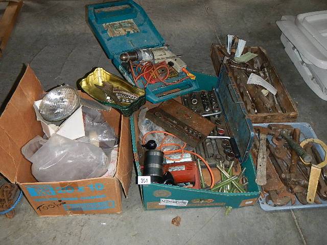 Four trays of car parts, tools etc.