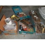 Four trays of car parts, tools etc.