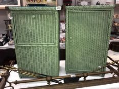 A pair of green Lloyd Loom side cupboard & unusual linen bin (1 missing glass top) 46cm x 34cm x