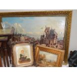 A large framed nautical scene and 2 other pictures.