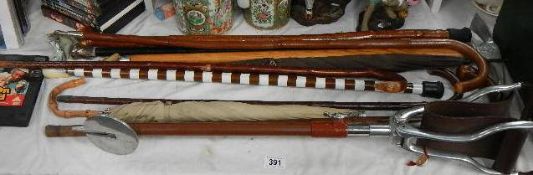 A quantity of old walking sticks, ice pick stick etc.