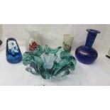 Five items of glass ware including Caithness paperweight.