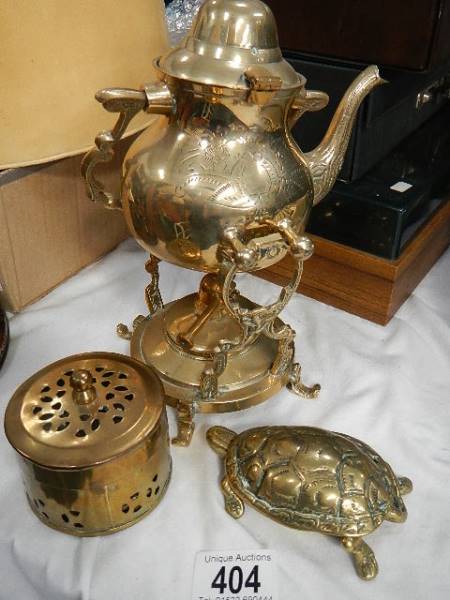 A brass kettle on stand and 2 other items.
