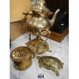 A brass kettle on stand and 2 other items.