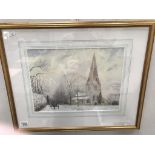 A watercolour of Frampton church in the snow, signed Voit .