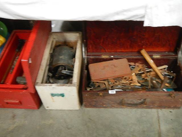 Three boxes of old tools etc.