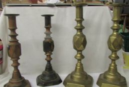 Two pairs of Victorian brass candlesticks - 'King of Diamonds' and 'The Diamond Princess'.