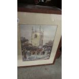 A framed and glazed church scene.