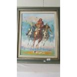 A framed oil on board painting of horse racing signed A Veccio.