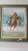 A framed oil on board painting of horse racing signed A Veccio.