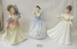Three Royal Doulton figurines, Katie HN3366, Katherine HN3609 and Sheila HN2742.