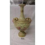 A Royal Worcester hand painted twin handled vase, a/f (two cracks to top - see images).