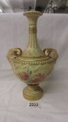 A Royal Worcester hand painted twin handled vase, a/f (two cracks to top - see images).