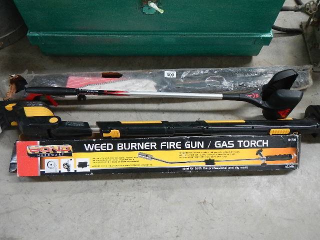 A weed burner fire gun gas torch, a battery branch cutter, roof rack etc.