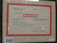 A Nazi era quick letter to Herrn Reichminister Darre Berlin from Dr. Joseph Goebbels dated 1/4/37.