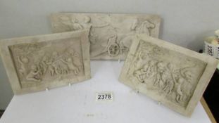 Three classical scene wall plaques each with a medallion inset verso.