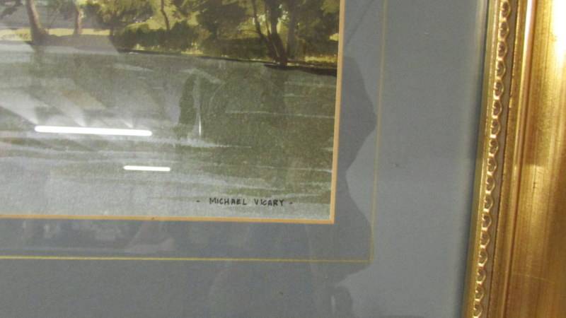 A framed and glazed watercolour river and castle scene signed Michael Vicary. - Image 3 of 3