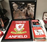2 framed & glazed Liverpool related prints including Stanley & Paisley & a quantity of football