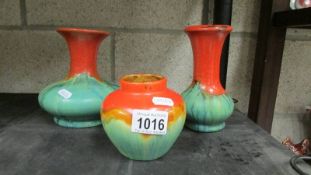 3 vintage volcano glazed studio pottery vases.