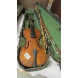 An old violin with bows in case, a/f.