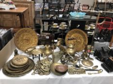 A good selection of brass & metalware including bell, tiger & figures etc.