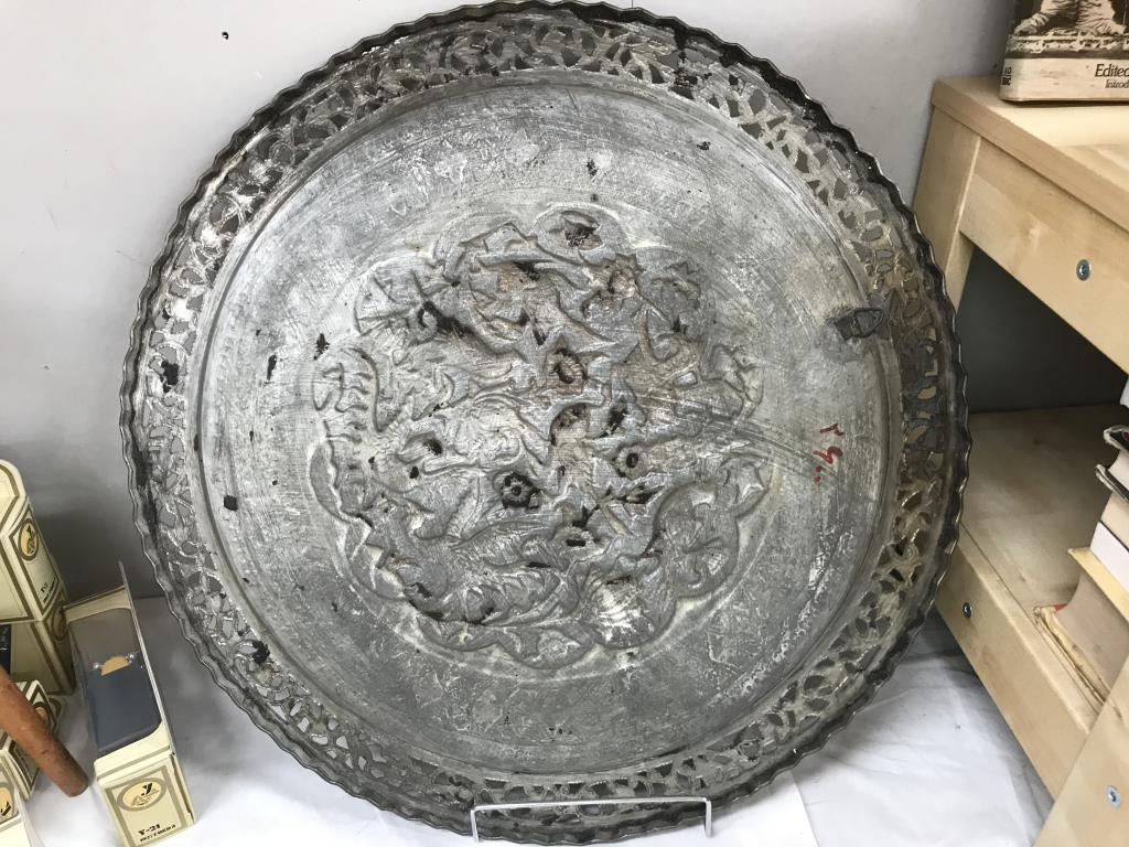 A large round Indian copper tray with relief decoration & silver plated finish - Image 3 of 3