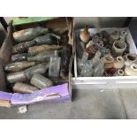 A box of clay glazed pots & bottles & another box of bottles