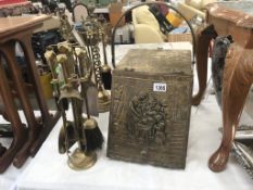 3 brass companion sets & a brass coal box