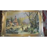 A gilt framed oil on canvas painting of European scene depicting men gathering wood,