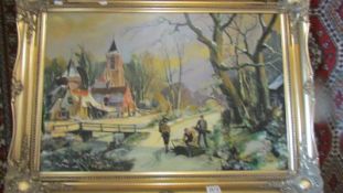 A gilt framed oil on canvas painting of European scene depicting men gathering wood,