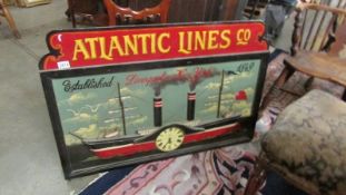 A circa 1970's wooden Atlantic Lines sign incorporating a clock.