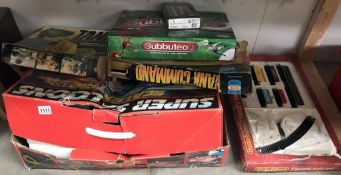 A Scalextric super saloons tank to command, Subutteo & Hornby electric train set,