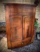 Victorian Bow Fronted Mahogany Corner Cabinet with Drawer and Double Door (with Key)