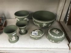 6 pieces of Wedgwood green jasperware including bowl & vase etc.