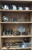 A good selection of silver plate, pewter & chrome plated tea set, toast rack, candelabra,