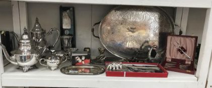 3A good selection of silver plate including tea/coffee set, gallery tray,