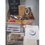 A box of miscellaneous including 2 ink pens in Parker box, an Everite King Swiss watch,