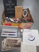A box of miscellaneous including 2 ink pens in Parker box, an Everite King Swiss watch,