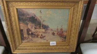 A gilt framed print of a promenade scene.