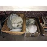 A large basket & box of white dinner ware including tureen etc.