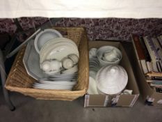 A large basket & box of white dinner ware including tureen etc.