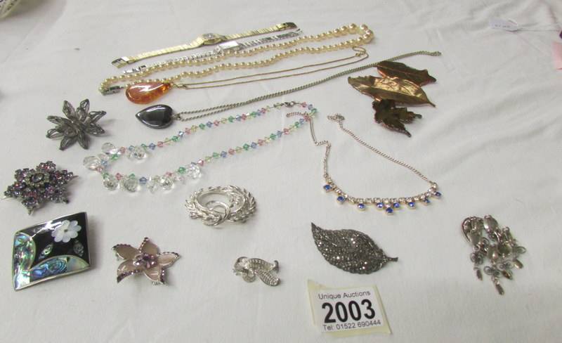 A mixed lot of costume jewellery including pendants, necklaces and brooches.