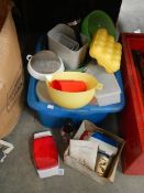 A box of circa 1970's coloured plastic kitchen ware.