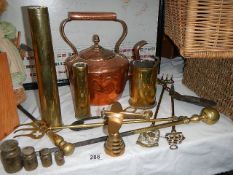 A good lot of brass and copper including Victorian copper kettle.