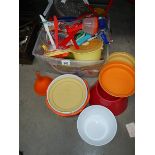 A box of circa 1970's plastic dishes, cutlery etc.