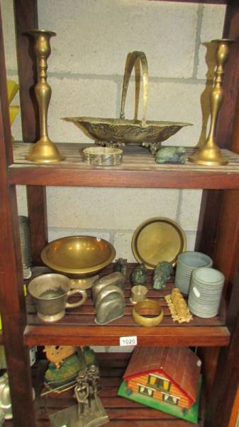 A mixed lot of brass including candlesticks together with other metal items, cast iron door stop,