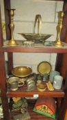 A mixed lot of brass including candlesticks together with other metal items, cast iron door stop,