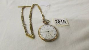 A Thos. Russell & Son, Liverpool gold plated pocket watch on chain.